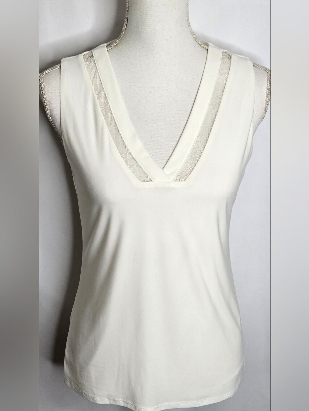 White House Black Market Ivory Sheer Lace Trim V-Neck Top Fully Lined NWOT XS